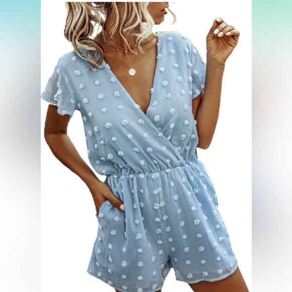 Women’s Rompers-Summer Deep V Neck Wrap Floral Polka Dot - Picture 1 of 4